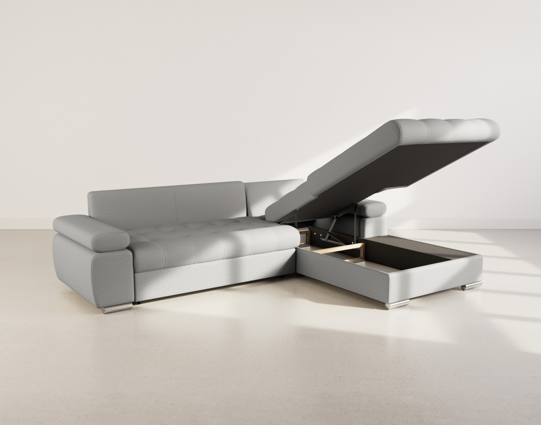 Canapé d'angle droit 4 places convertible avec coffre en tissu texturé Bianca