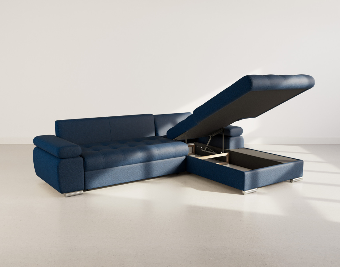 Canapé d'angle droit 4 places convertible avec coffre en tissu texturé Bianca