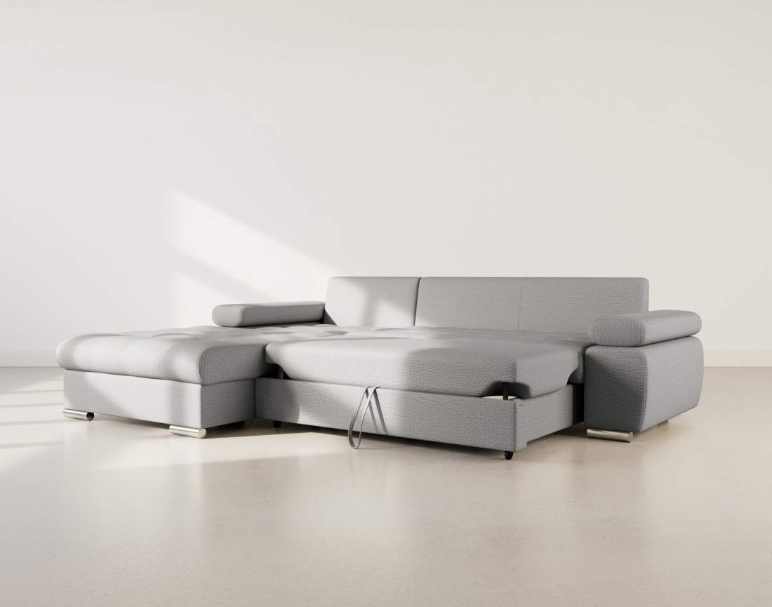 Canapé d'angle gauche 4 places convertible avec coffre en tissu texturé Bianca