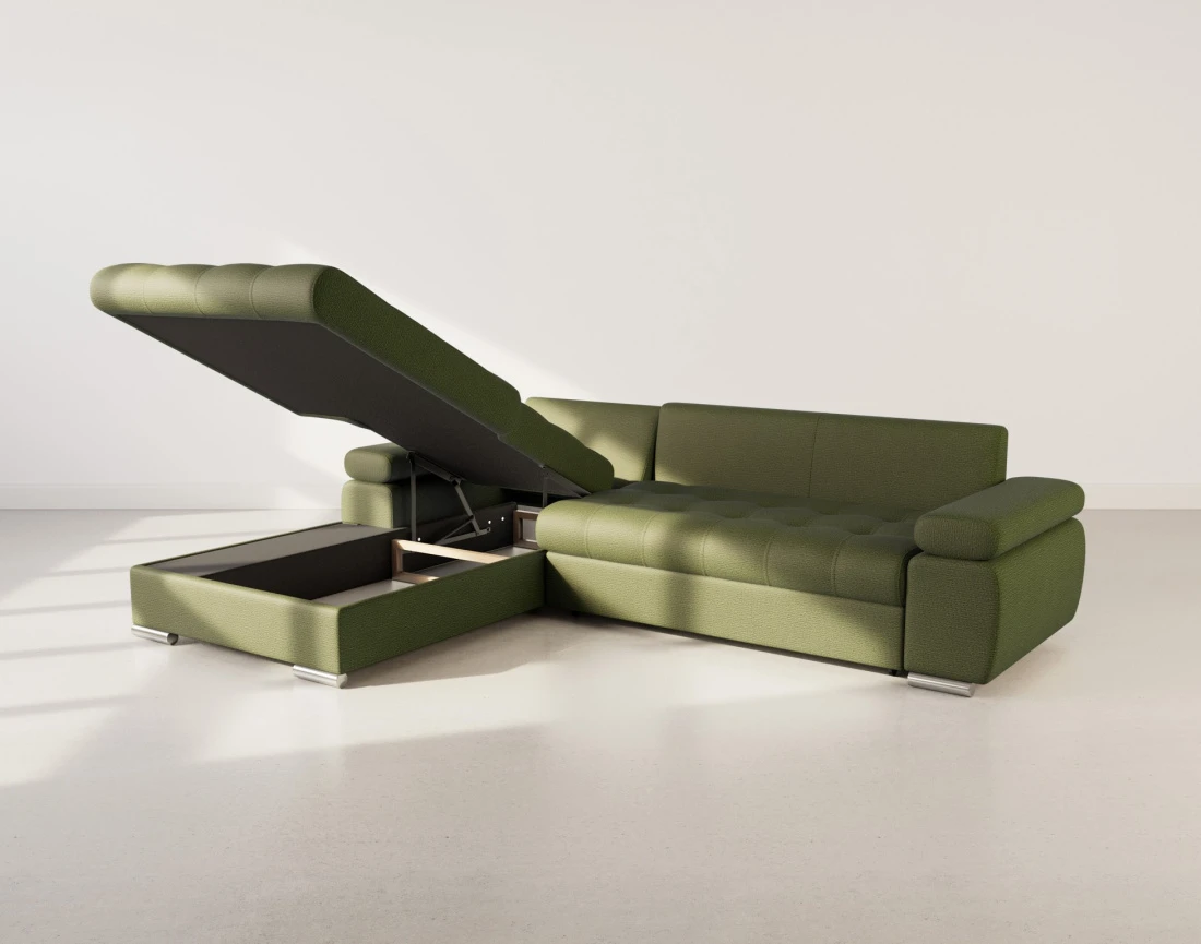 Canapé d'angle gauche 4 places convertible avec coffre en tissu texturé Bianca