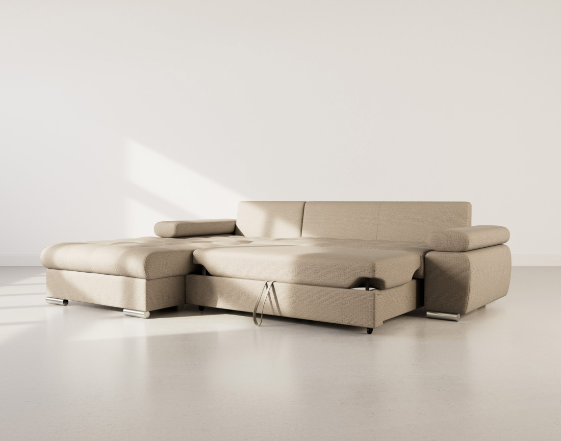 Canapé d'angle gauche 4 places convertible avec coffre en tissu texturé Bianca