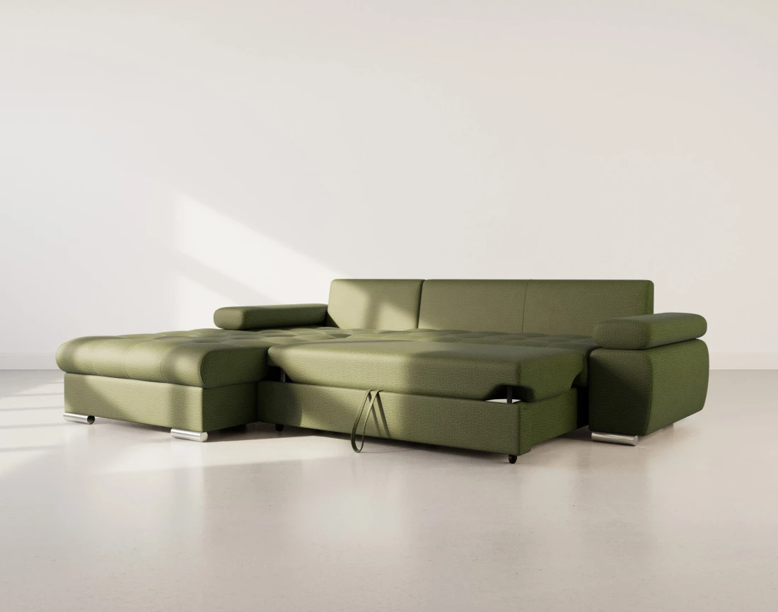 Canapé d'angle gauche 4 places convertible avec coffre en tissu texturé Bianca