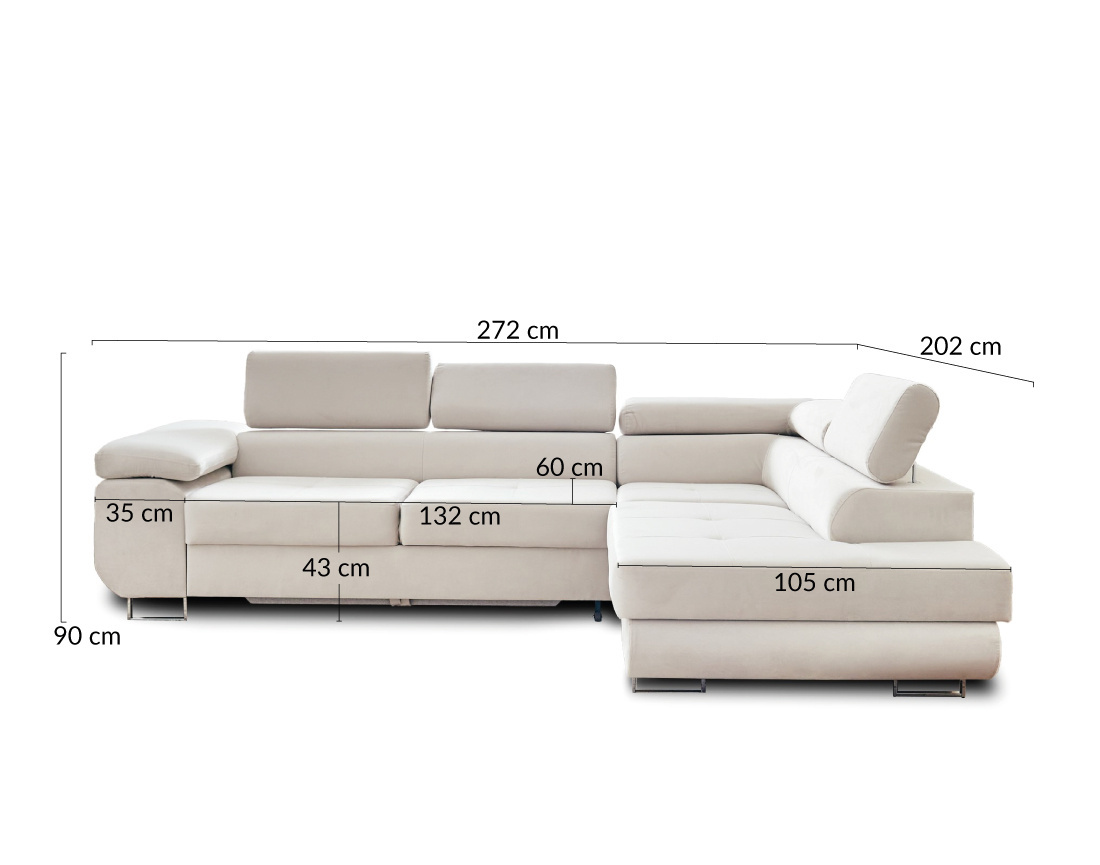 Pablo - canapé d'angle droit en velours convertible avec coffre et têtières réglables 5 places - style contemporain