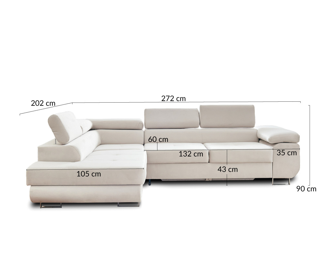 Pablo - canapé d'angle gauche en velours convertible avec coffre et têtières réglables 5 places - style contemporain