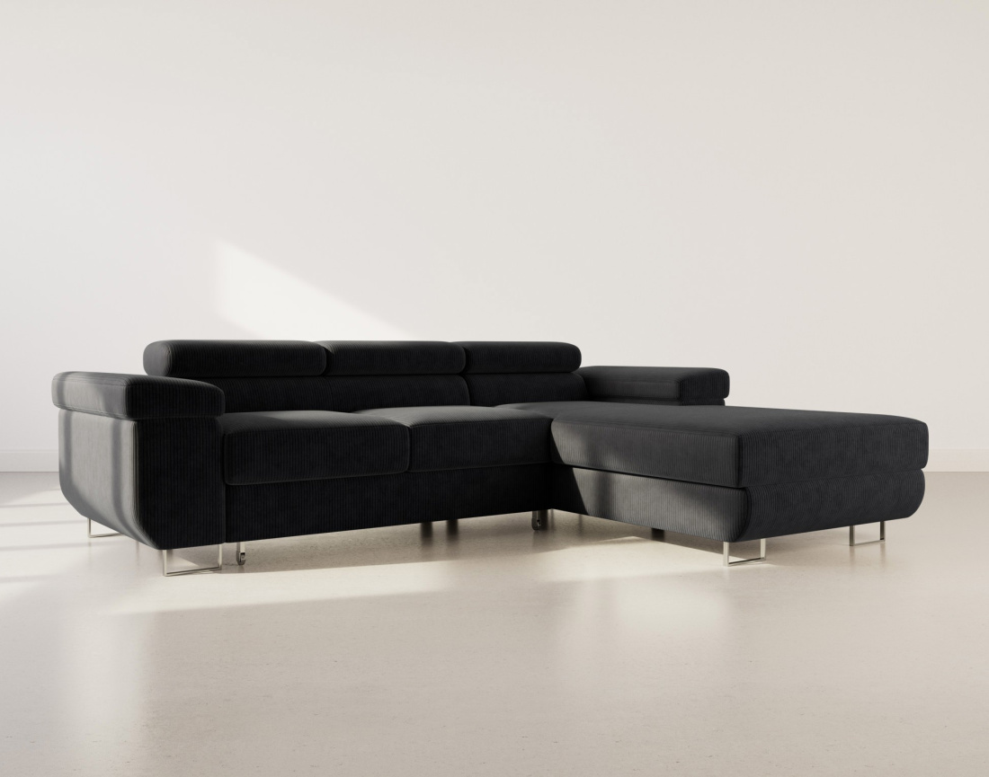 Canapé d'angle droit 6 places convertible avec coffre et têtières réglables en velours côtelé Pablo