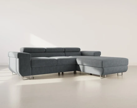 Canapé d'angle droit 6 places convertible avec coffre et têtières réglables en velours côtelé Pablo