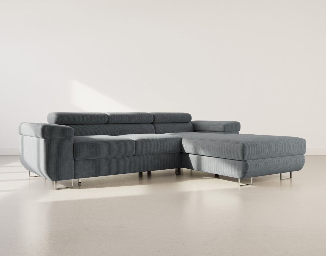 Canapé d'angle droit 6 places convertible avec coffre et têtières réglables en velours côtelé Pablo