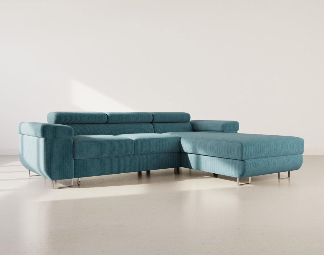 Canapé d'angle droit 6 places convertible avec coffre et têtières réglables en velours côtelé Pablo