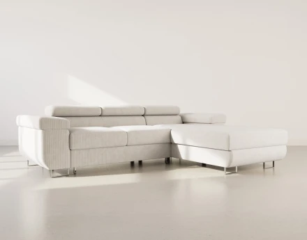 Canapé d'angle droit 6 places convertible avec coffre et têtières réglables en velours côtelé Pablo