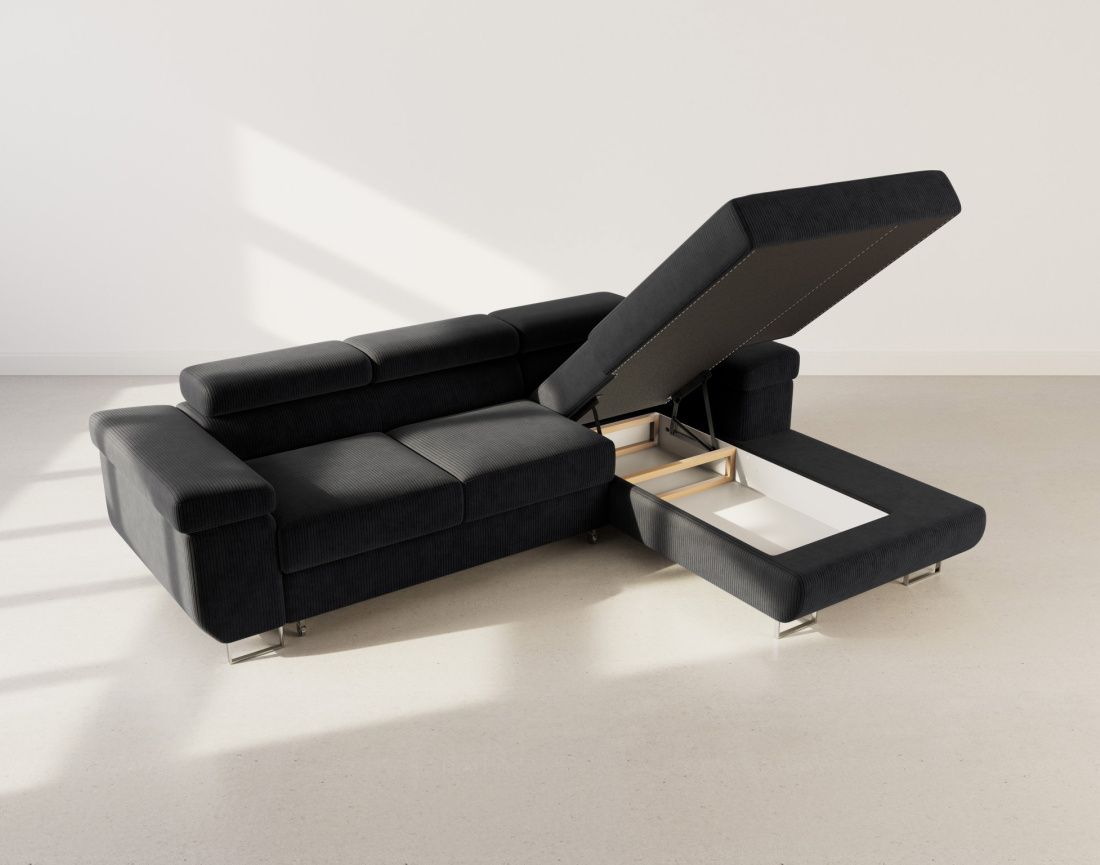 Canapé d'angle droit 6 places convertible avec coffre et têtières réglables en velours côtelé Pablo