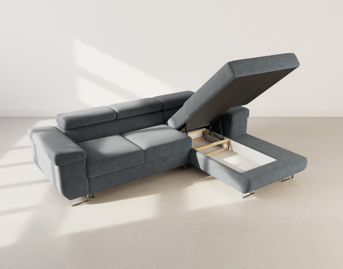 Canapé d'angle droit 6 places convertible avec coffre et têtières réglables en velours côtelé Pablo