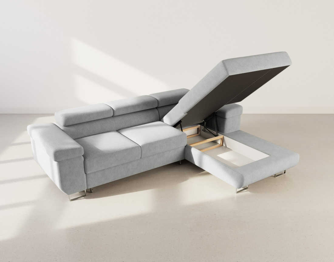 Canapé d'angle droit 6 places convertible avec coffre et têtières réglables en velours côtelé Pablo