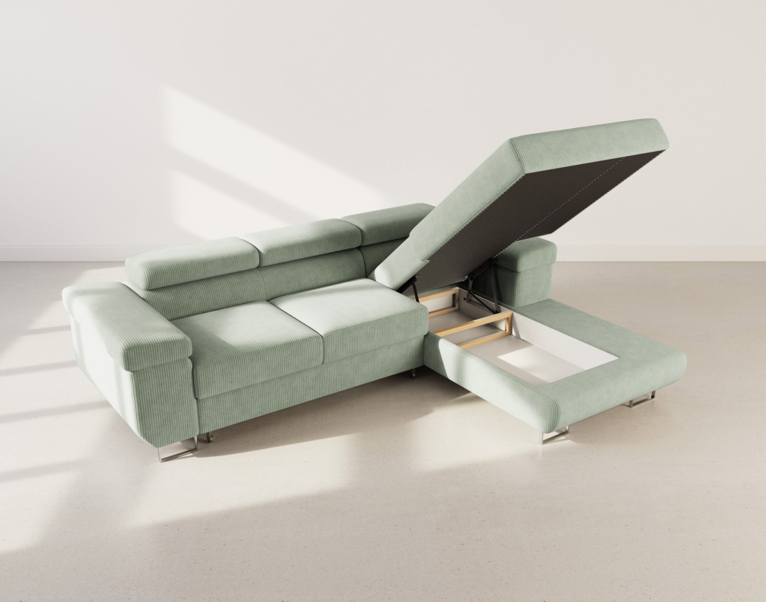 Canapé d'angle droit 6 places convertible avec coffre et têtières réglables en velours côtelé Pablo