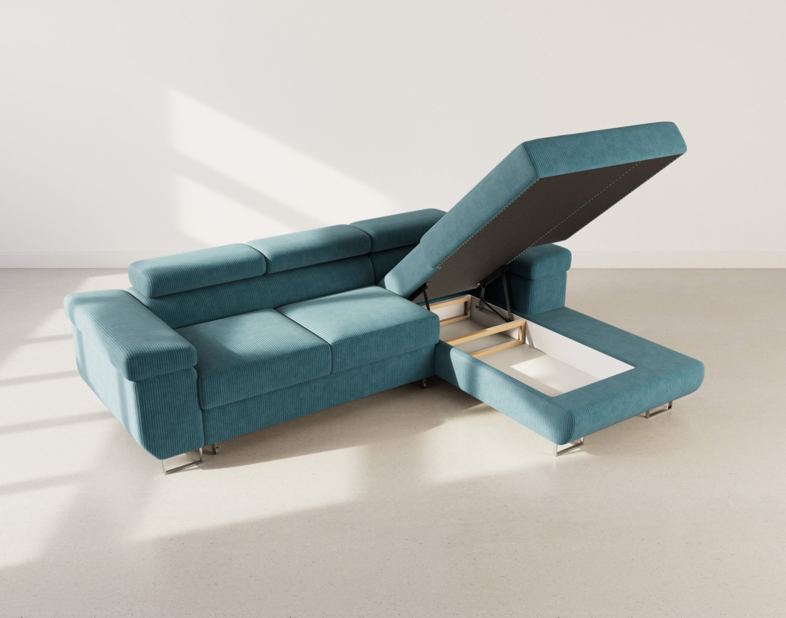 Canapé d'angle droit 6 places convertible avec coffre et têtières réglables en velours côtelé Pablo