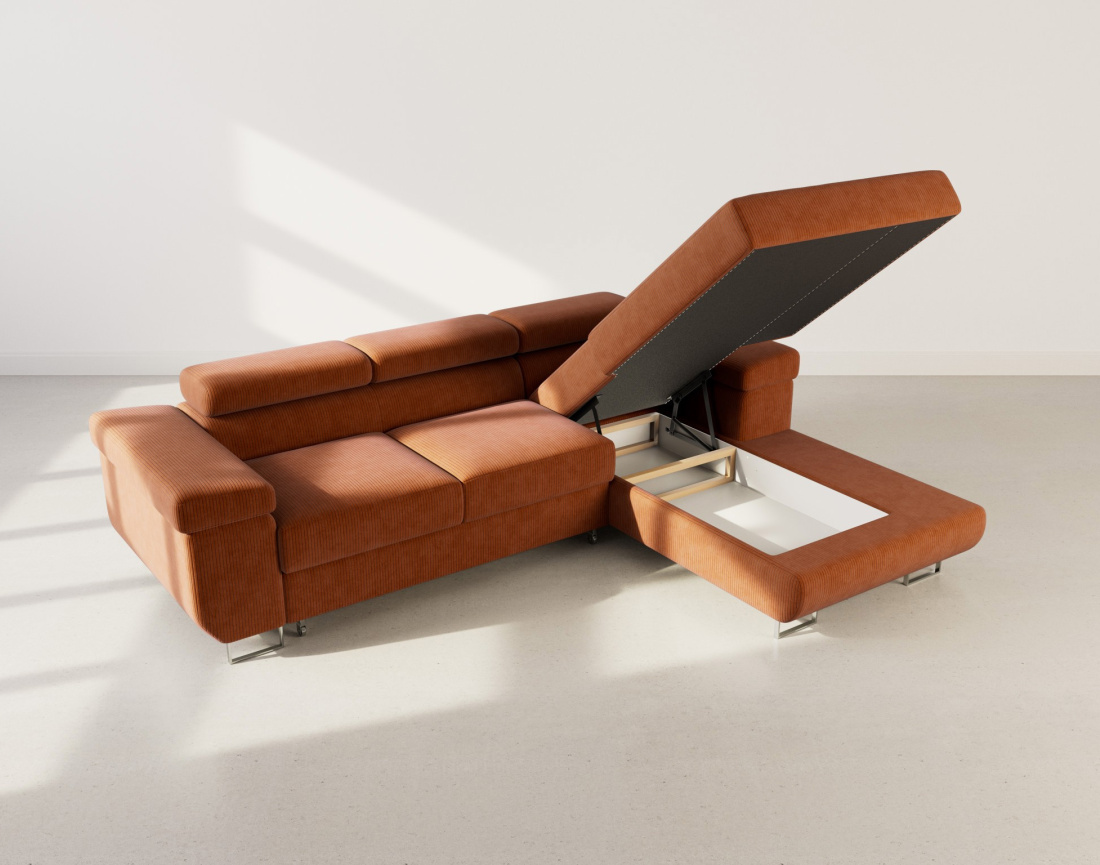 Canapé d'angle droit 6 places convertible avec coffre et têtières réglables en velours côtelé Pablo