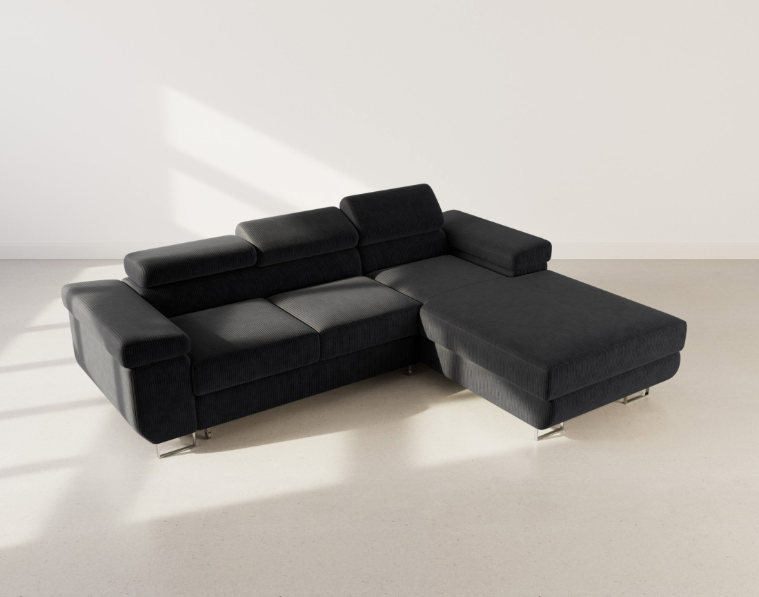 Canapé d'angle droit 6 places convertible avec coffre et têtières réglables en velours côtelé Pablo