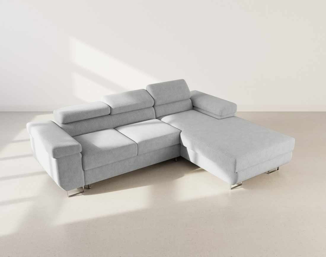 Canapé d'angle droit 6 places convertible avec coffre et têtières réglables en velours côtelé Pablo