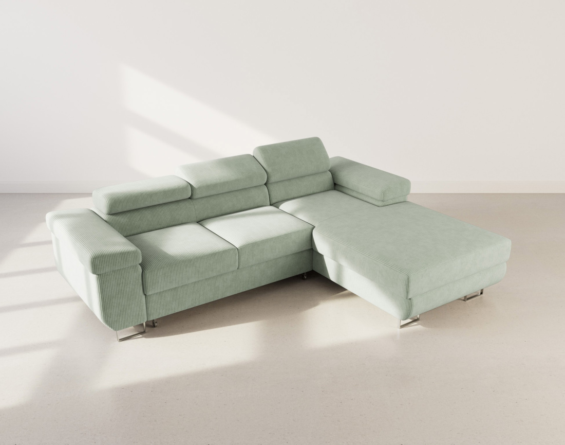 Canapé d'angle droit 6 places convertible avec coffre et têtières réglables en velours côtelé Pablo