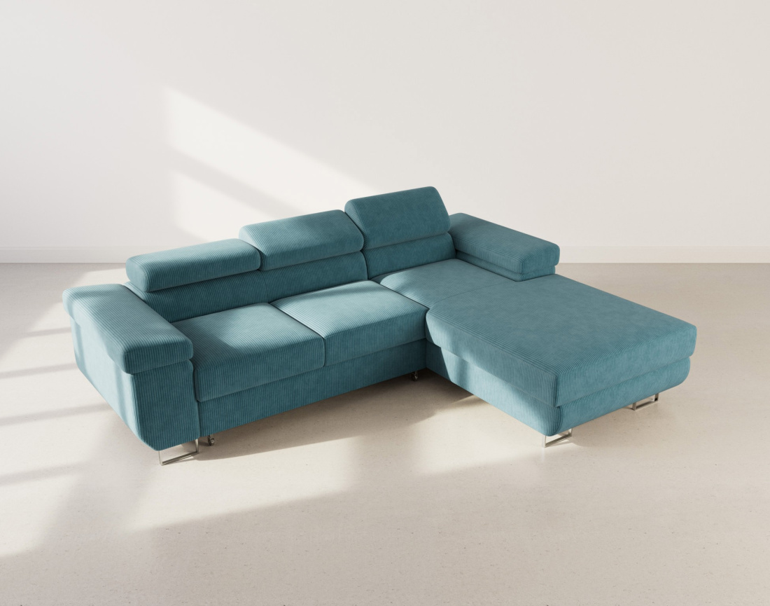 Canapé d'angle droit 6 places convertible avec coffre et têtières réglables en velours côtelé Pablo