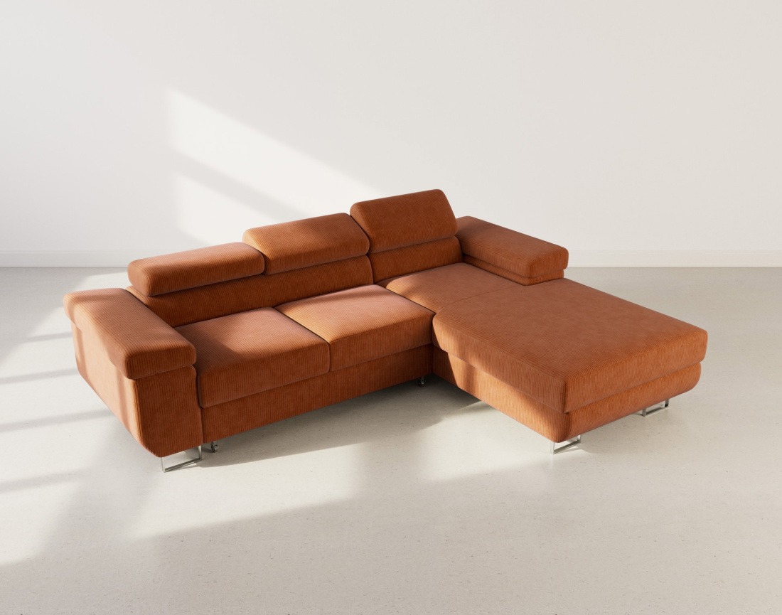 Canapé d'angle droit 6 places convertible avec coffre et têtières réglables en velours côtelé Pablo