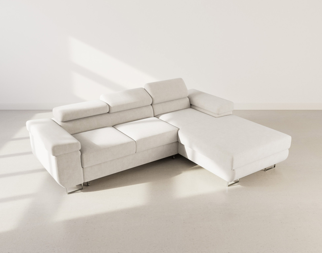 Canapé d'angle droit 6 places convertible avec coffre et têtières réglables en velours côtelé Pablo