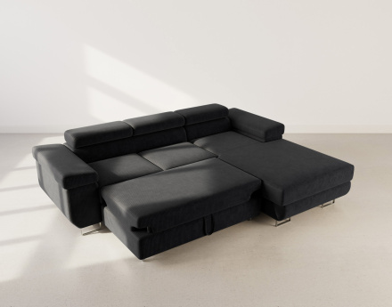 Canapé d'angle droit 6 places convertible avec coffre et têtières réglables en velours côtelé Pablo