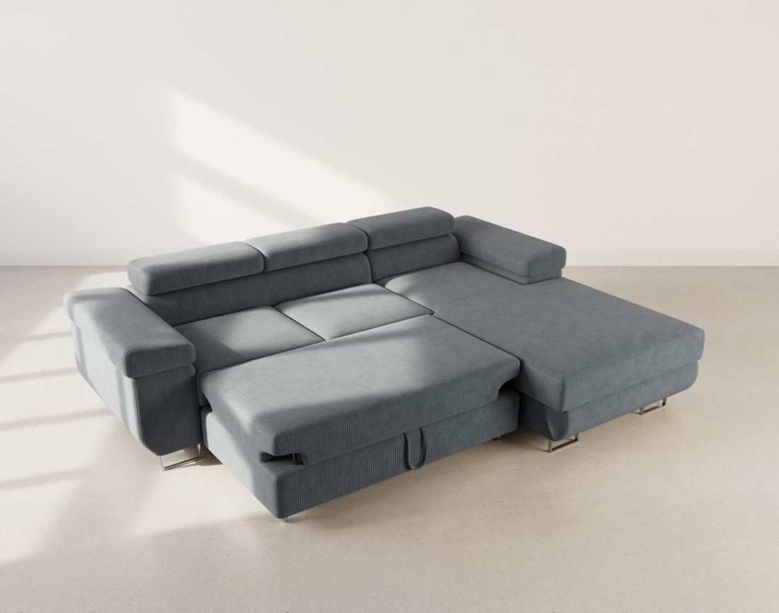 Canapé d'angle droit 6 places convertible avec coffre et têtières réglables en velours côtelé Pablo