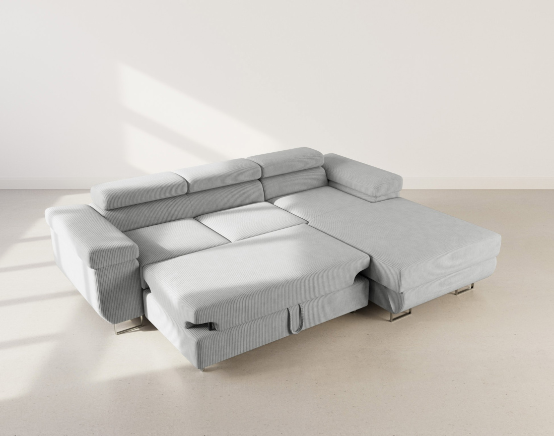 Canapé d'angle droit 6 places convertible avec coffre et têtières réglables en velours côtelé Pablo