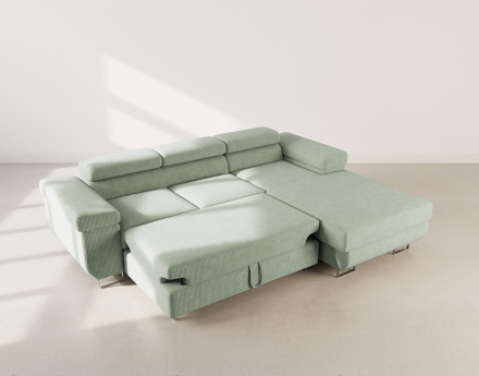 Canapé d'angle droit 6 places convertible avec coffre et têtières réglables en velours côtelé Pablo