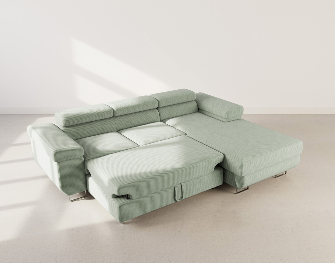 Canapé d'angle droit 6 places convertible avec coffre et têtières réglables en velours côtelé Pablo