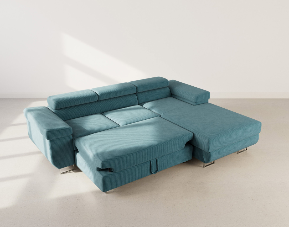 Canapé d'angle droit 6 places convertible avec coffre et têtières réglables en velours côtelé Pablo