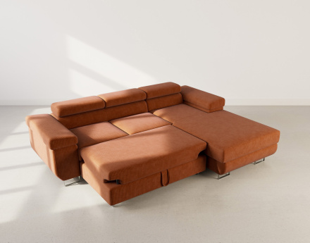 Canapé d'angle droit 6 places convertible avec coffre et têtières réglables en velours côtelé Pablo