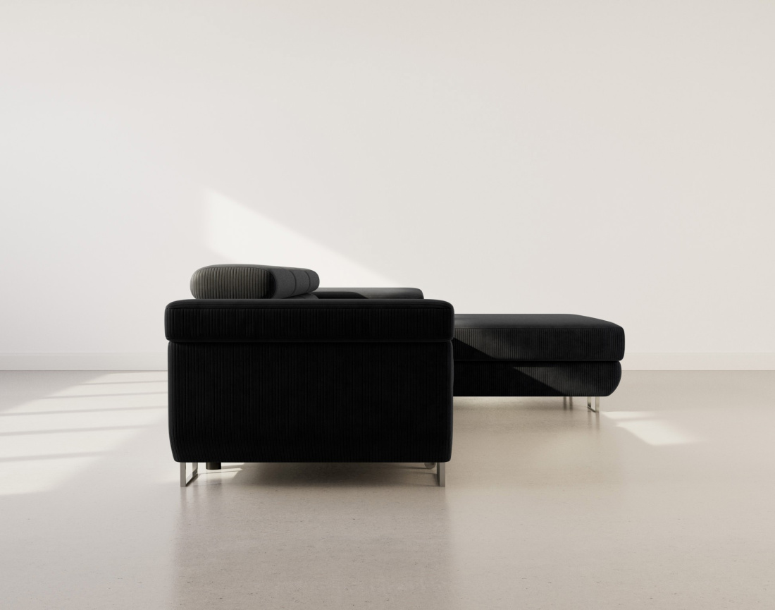 Canapé d'angle droit 6 places convertible avec coffre et têtières réglables en velours côtelé Pablo