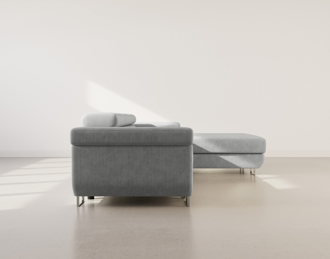 Canapé d'angle droit 6 places convertible avec coffre et têtières réglables en velours côtelé Pablo