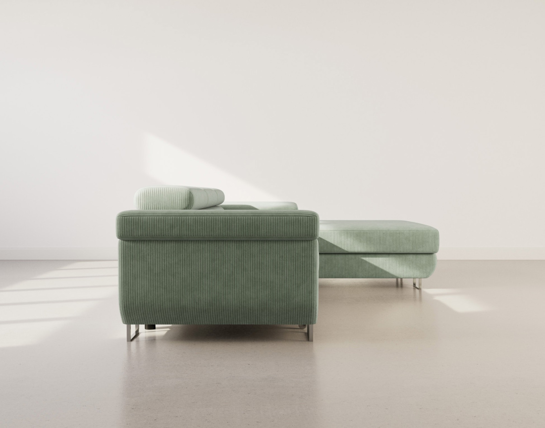 Canapé d'angle droit 6 places convertible avec coffre et têtières réglables en velours côtelé Pablo