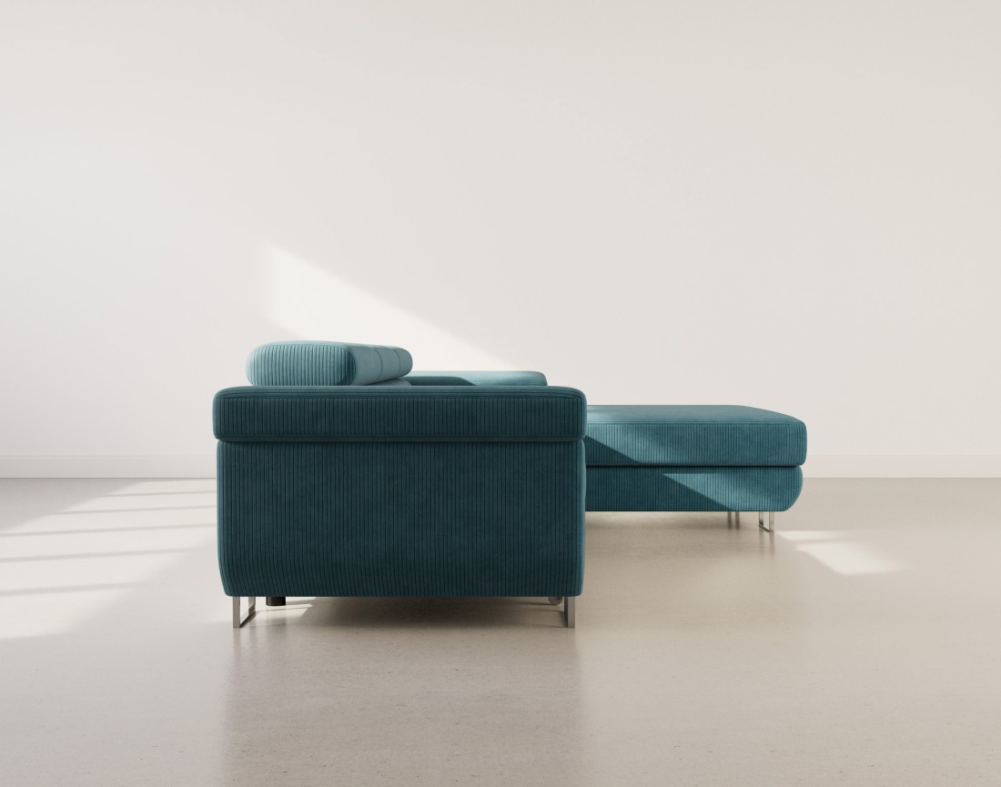 Canapé d'angle droit 6 places convertible avec coffre et têtières réglables en velours côtelé Pablo