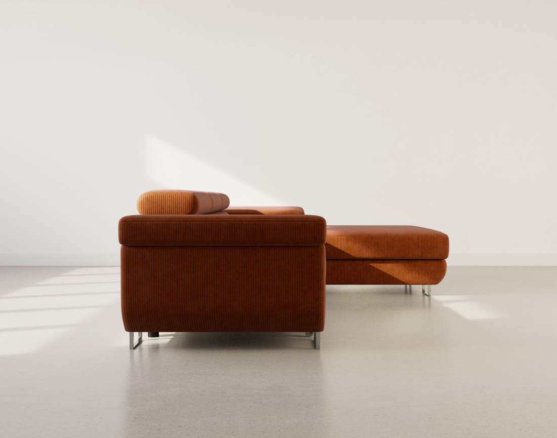 Canapé d'angle droit 6 places convertible avec coffre et têtières réglables en velours côtelé Pablo