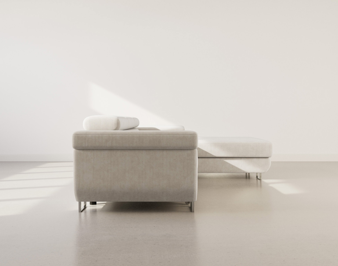 Canapé d'angle droit 6 places convertible avec coffre et têtières réglables en velours côtelé Pablo