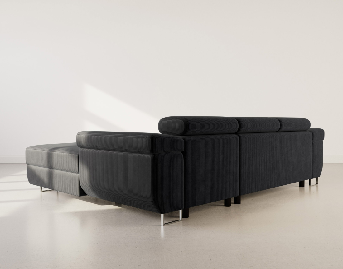 Canapé d'angle droit 6 places convertible avec coffre et têtières réglables en velours côtelé Pablo