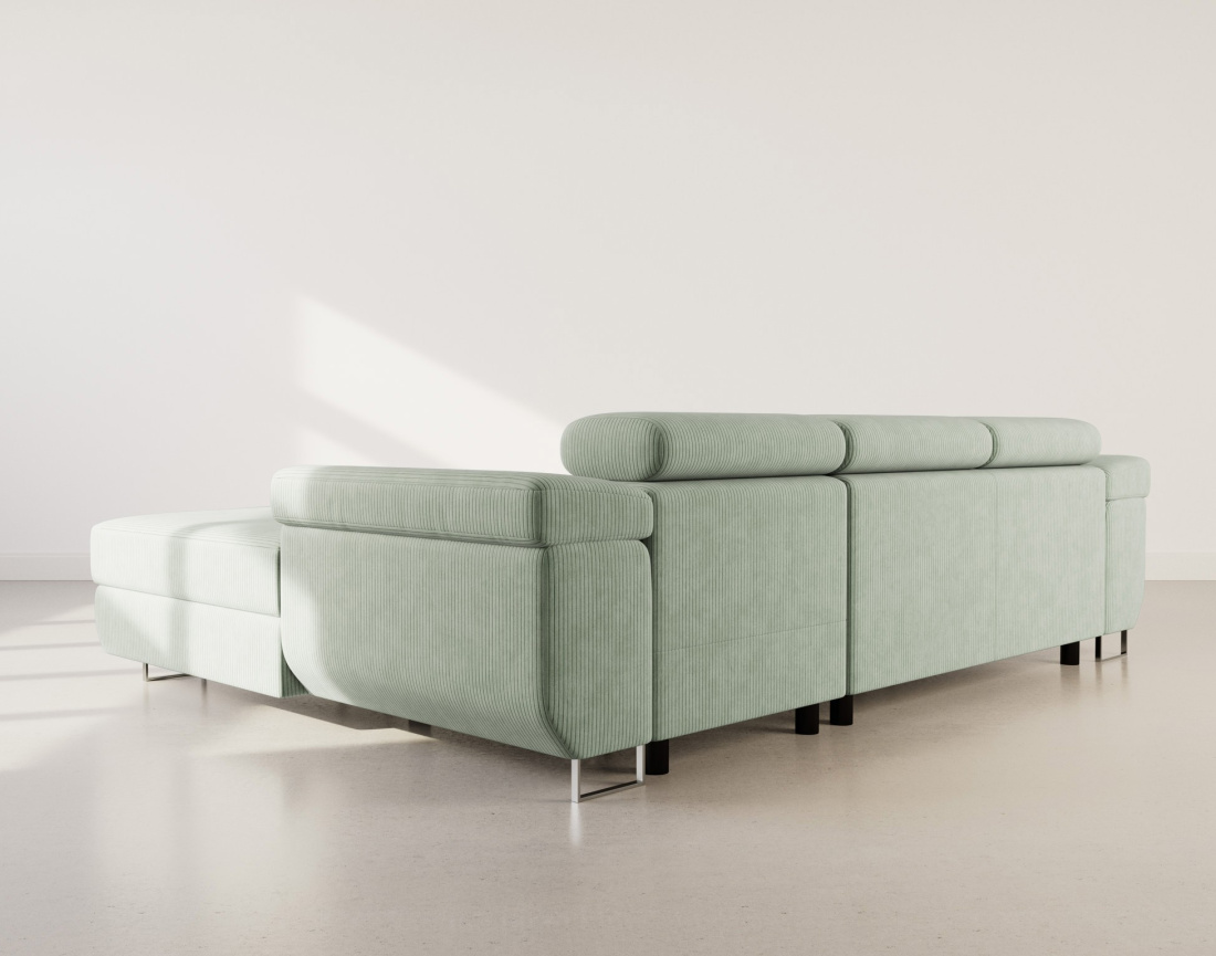 Canapé d'angle droit 6 places convertible avec coffre et têtières réglables en velours côtelé Pablo