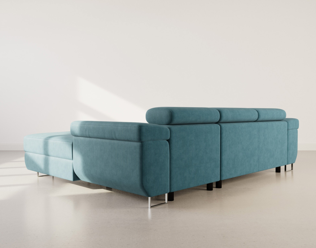 Canapé d'angle droit 6 places convertible avec coffre et têtières réglables en velours côtelé Pablo