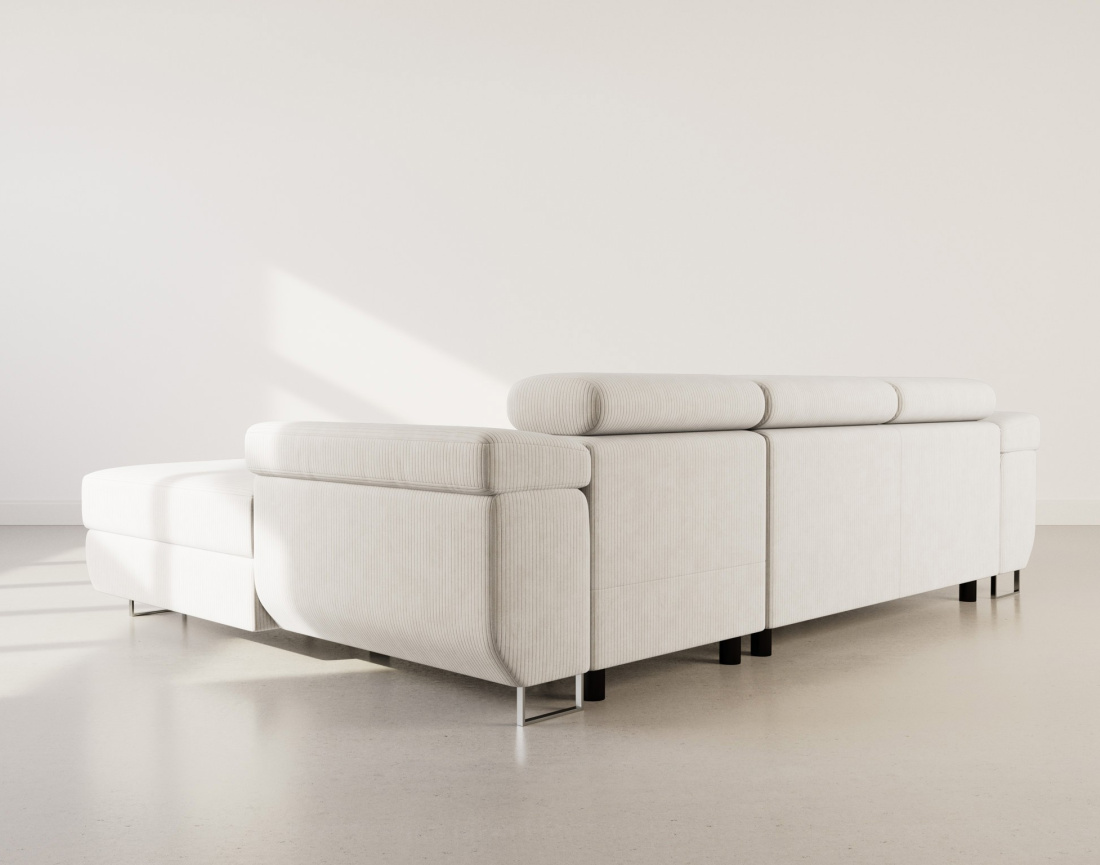 Canapé d'angle droit 6 places convertible avec coffre et têtières réglables en velours côtelé Pablo