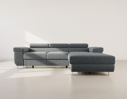 Canapé d'angle droit 6 places convertible avec coffre et têtières réglables en velours côtelé Pablo