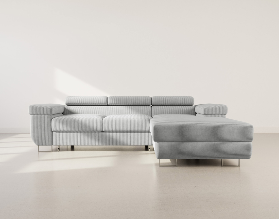 Canapé d'angle droit 6 places convertible avec coffre et têtières réglables en velours côtelé Pablo