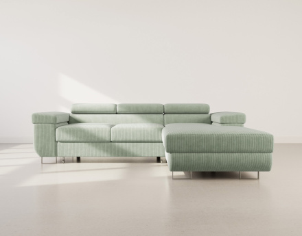 Canapé d'angle droit 6 places convertible avec coffre et têtières réglables en velours côtelé Pablo