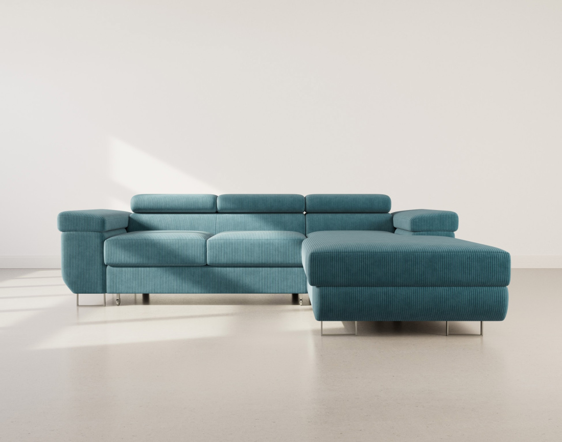 Canapé d'angle droit 6 places convertible avec coffre et têtières réglables en velours côtelé Pablo