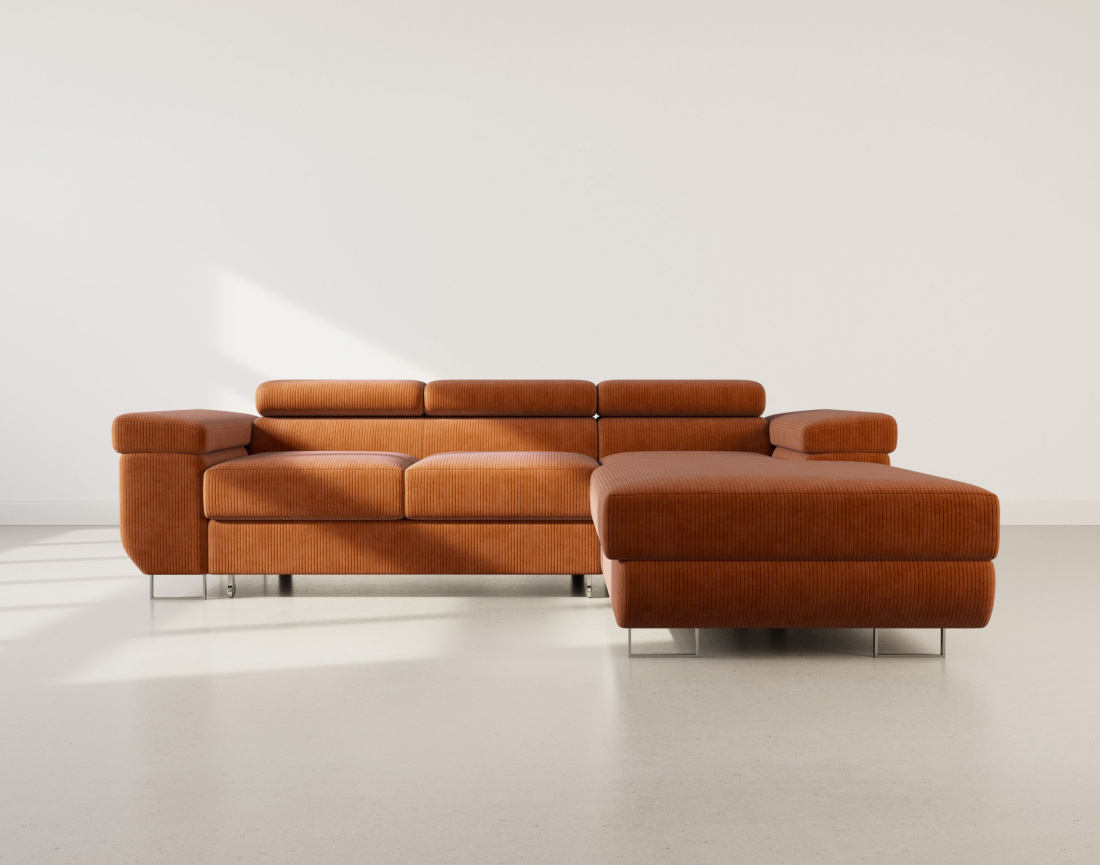 Canapé d'angle droit 6 places convertible avec coffre et têtières réglables en velours côtelé Pablo