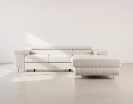 Canapé d'angle droit 6 places convertible avec coffre et têtières réglables en velours côtelé Pablo