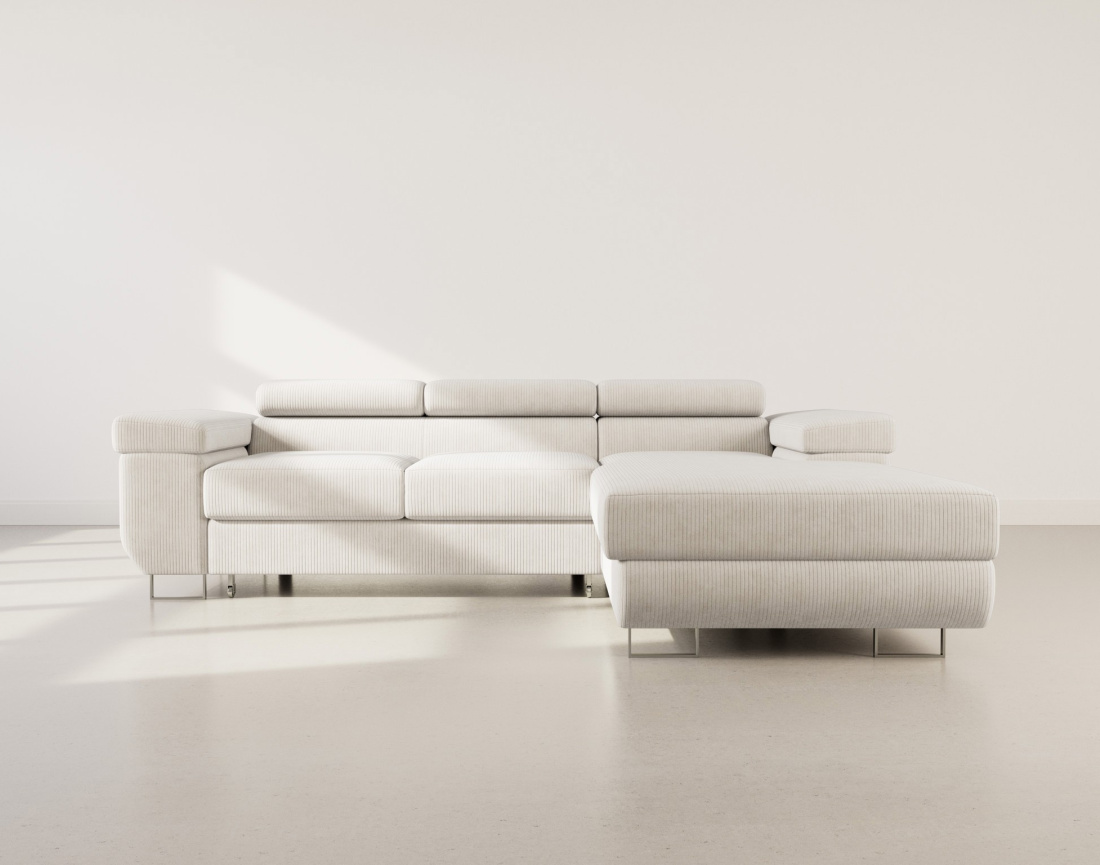 Canapé d'angle droit 6 places convertible avec coffre et têtières réglables en velours côtelé Pablo