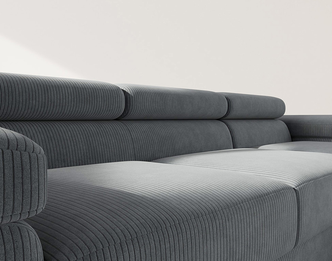 Canapé d'angle droit 6 places convertible avec coffre et têtières réglables en velours côtelé Pablo